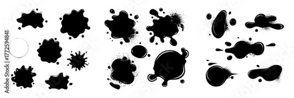 Fototapeta Vibrant ink stain silhouettes in the form of halftone blob shapes are isolated on a light background, paired with dotted grunge textures, rough spray spots, and a distressed splatter effect to create