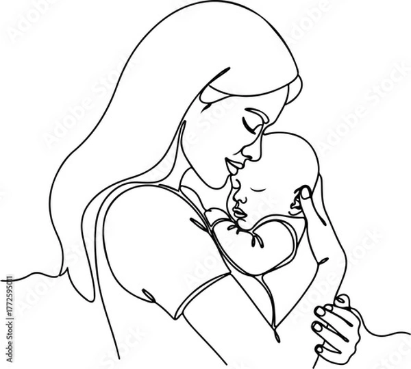 Fototapeta Continuous Line Art of Mother Holding Baby on White Background