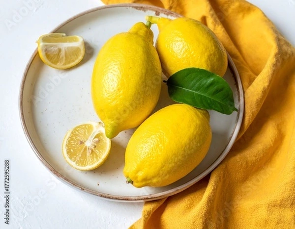 Fototapeta Overhead shot of ripe lemons, a leaf, and a lemon slice on a ceramic plate