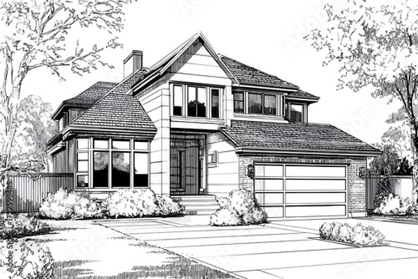 Fototapeta Detailed sketch of a two-story residential house surrounded by lush foliage and trees