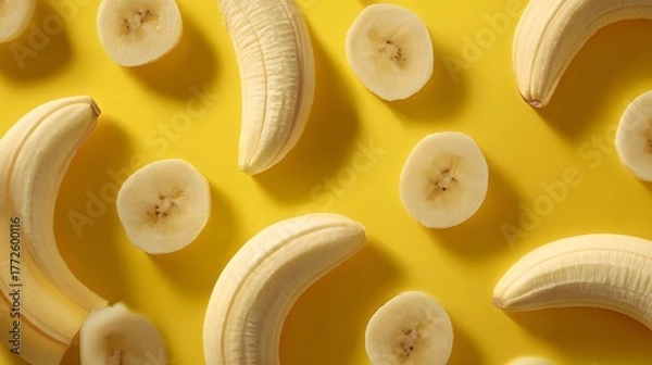 Fototapeta Lively Banana Slice Composition on Glowing Yellow Canvas for Vibrant and Healthy Modern Branding Visual