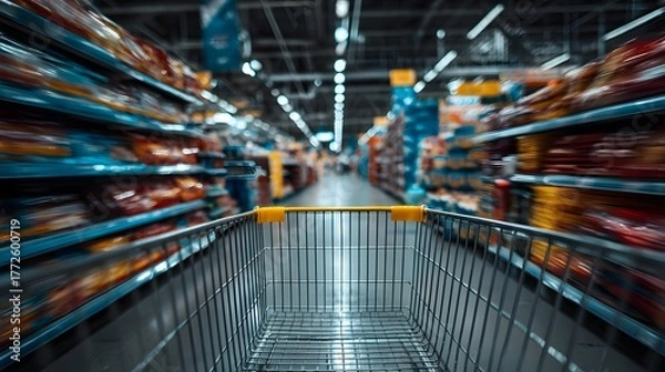 Fototapeta Dynamic point-of-view from a shopping cart looking down a supermarket aisle. The colorful products on the shelves are blurred to create motion.
