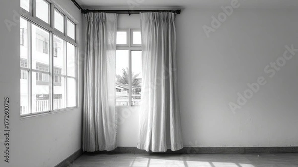 Fototapeta Interior corner of an empty room illuminated by bright daylight streaming through multiple windows draped with sheer fabric