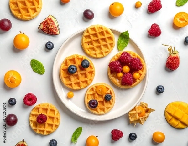 Fototapeta Overhead shot of waffles with fruit, arranged on a white surface