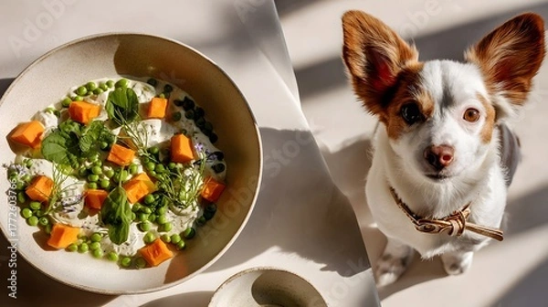Fototapeta Minimalist Modern Food Presentation with Dual-Bowl Setup for Human and Canine Incorporating Scandinavian and Boho Aesthetic Elements with Colorful Sweet Potato and Herb Arrangements