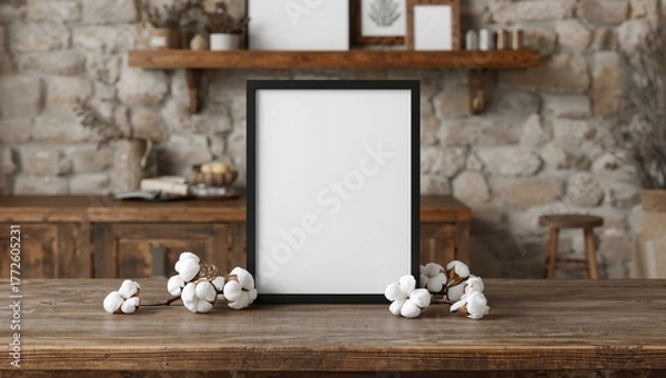 Fototapeta Black frame mockup with white backdrop. Cotton blooms and blank template on wooden surface. Shelf adorned with decorative items against stone wall. Space for text