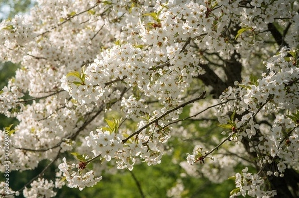 Fototapeta Close-up of a Pale Cherry Blossom Tree in Bloom with a Natural Background
