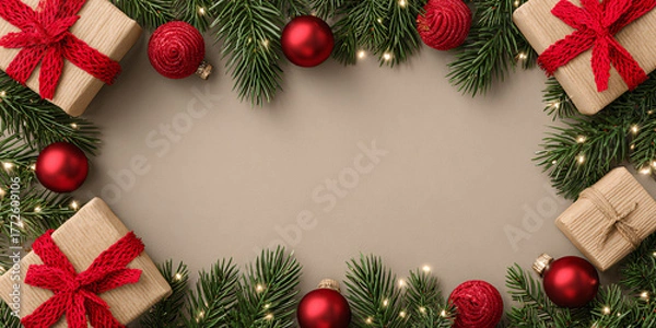 Fototapeta Festive Christmas background with wrapped gifts, red ornaments, and evergreen branches creating a holiday frame for seasonal greetings