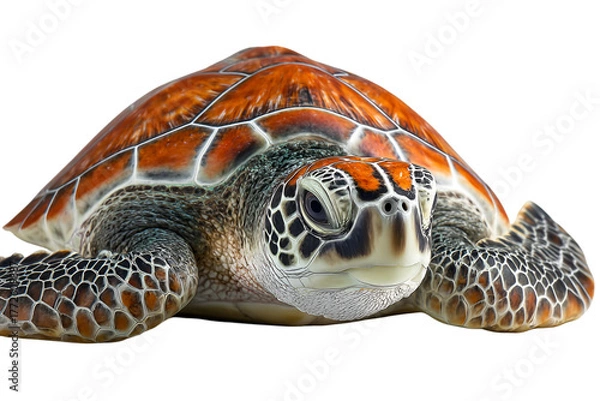Fototapeta Close-up of a majestic sea turtle with detailed shell and face underwater