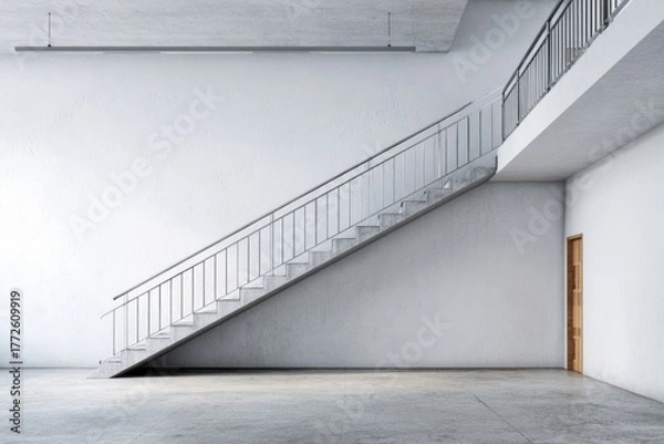 Fototapeta Minimalist interior features an ascending concrete staircase with metallic railings against stark white walls