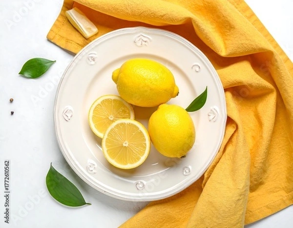 Fototapeta Overhead view of a decorative plate with lemons and foliage