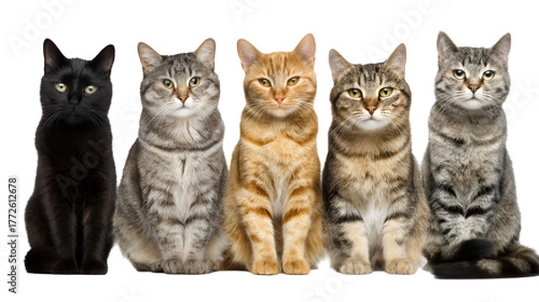 Fototapeta Five adorable cats posed together with different fur patterns and colors