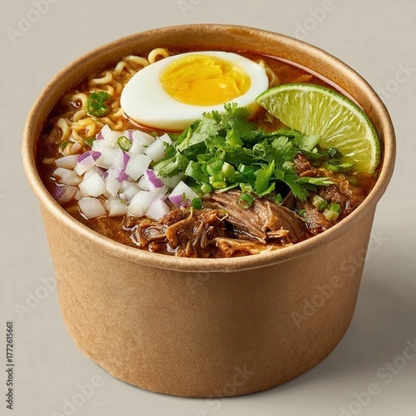 Obraz Birria ramen noodle soup with beef and egg