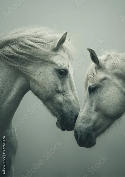 Obraz White horses nuzzling in thick fog, showing tenderness