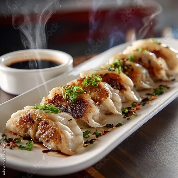 Obraz Steaming hot pan-fried gyoza dumplings with soy sauce