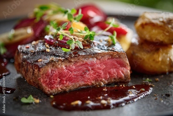 Obraz Grilled beef steak medium rare with sauce and potatoes
