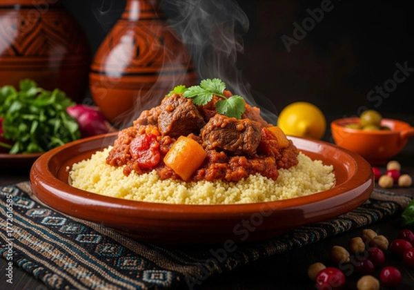 Fototapeta Steaming couscous with meat and tomato stew