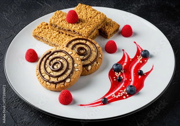 Fototapeta Sweet cookies with raspberries and blueberries on a white plate