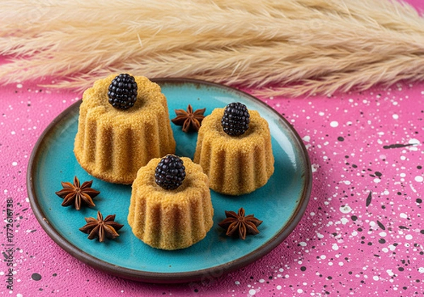 Fototapeta Three small bundt cakes topped with blackberries on a plate