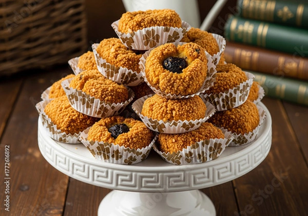 Fototapeta Mini muffins with jam filling on a white cake stand