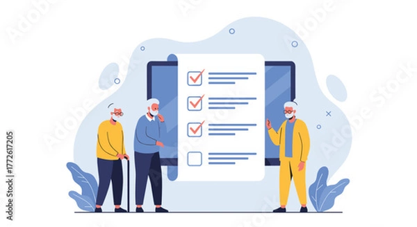 Fototapeta Senior citizens are reviewing a checklist on a large digital tablet, representing technology adoption and planning for older adults, with a focus on accessibility.