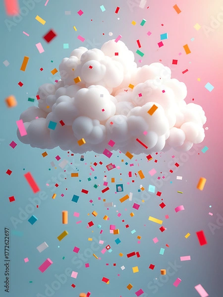 Fototapeta vibrant party cloud fills frame swirling multicolored confetti fluttering streamers soft blurred minimal celebration