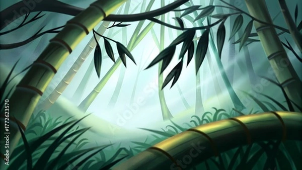 Obraz Lush bamboo forest with sunlight filtering through the trees, creating a serene and peaceful atmosphere in nature