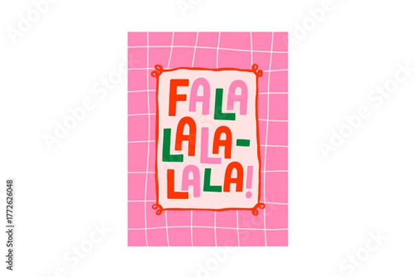 Obraz Fa La La' Christmas Quote Wall Art PNG Carol Hand-Lettered Card on Pink Grid Pattern Design
