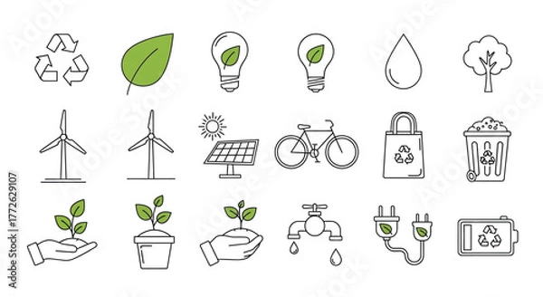 Obraz Eco Energy Icon Set – Green Ecology and Environmental Vector Design with Recycling, Water, and Earth Symbols