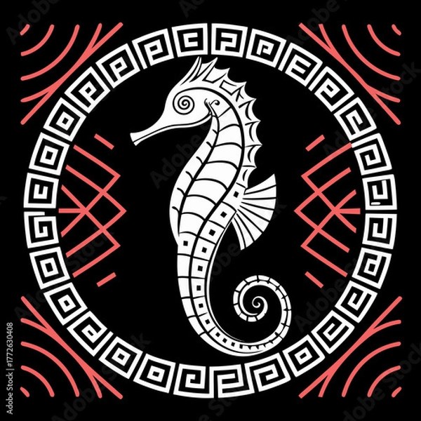 Fototapeta Stylized white seahorse silhouette with intricate geometric patterns and coral accents on a black background evoking ancient greek motifs and ocean life
