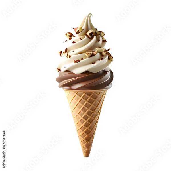 Fototapeta Soft-serve vanilla and chocolate swirl ice cream cone with nut topping isolated on transparent background