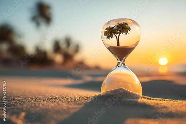 Fototapeta An hourglass captures a tiny tree, symbolizing nature's resilience against time at sunset on a sandy beach.