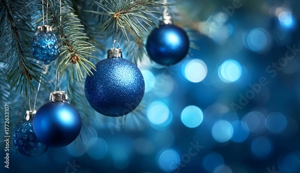 Fototapeta Beautiful close-up of blue Christmas ornaments on a pine tree with a soft bokeh background, perfect for holiday themes.
