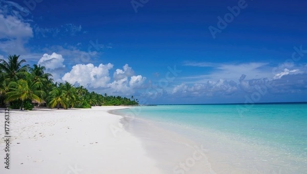 Fototapeta A pristine white sand shore bordered by sparkling clear waters, under a bright blue sky and radiant sunshine, forms an ideal summer getaway spot in a tropical paradise