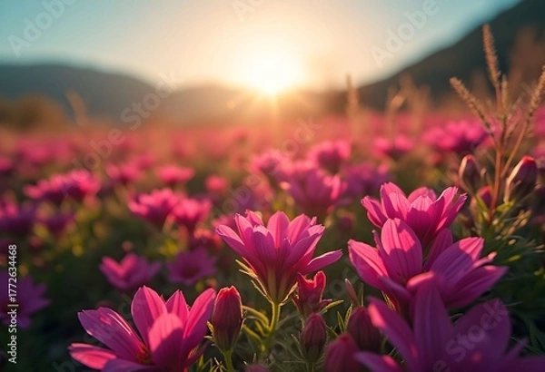 Obraz  A Serene Field of Pink Flowers at Sunset