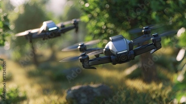 Obraz Two Modern Drones Flying Over Sunny Meadow