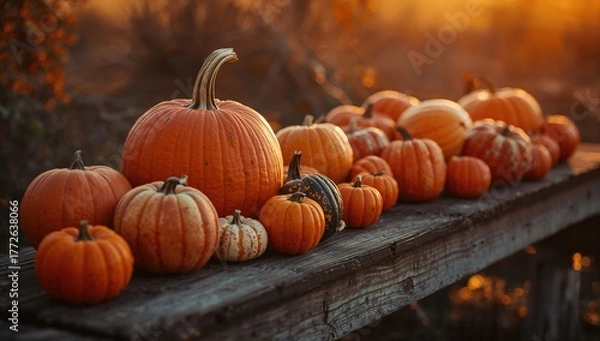 Fototapeta Gourds Resting on Weathered Wood During Dusk - Fall and Gathering Theme