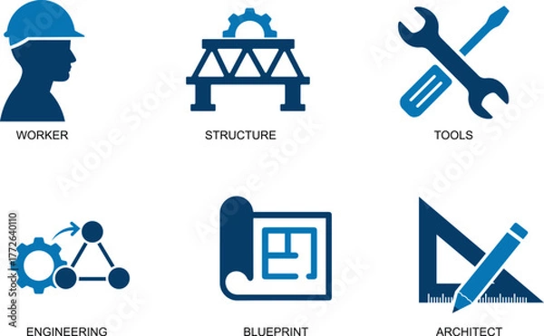 Obraz Flat vector icon set representing engineering, technology, and construction concepts. Perfect for industrial, mechanical, technical, and design projects.