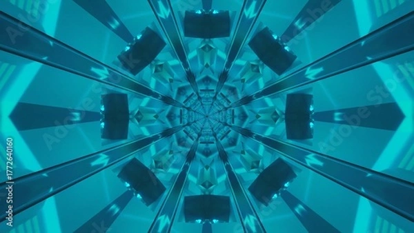 Fototapeta Endless tunnel video loop showcasing a vibrant blue light reflection in a geometric pattern for immersive screensaver experience