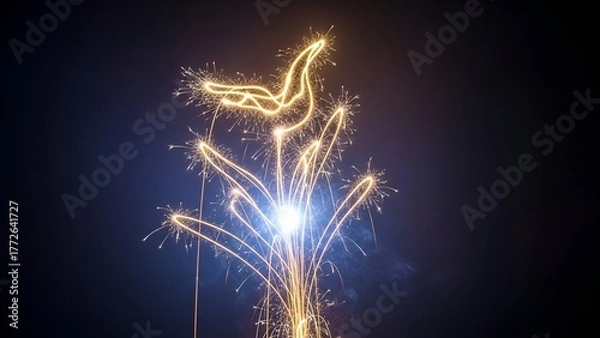 Fototapeta A sparkler art piece, depicting a glowing bird on a flower, against a dark sky
