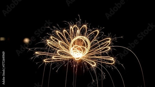 Fototapeta Glowing light flower in the night sky, intricate lines with light trails, unique art