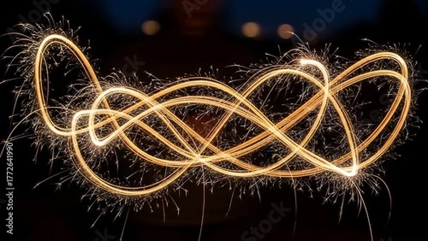 Fototapeta Long exposure shot of a sparkler creating luminous, intricate loops against a dark backdrop
