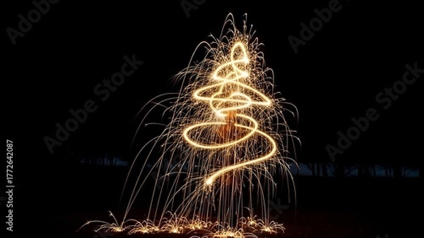 Fototapeta Glowing light trails form a spiraling tree shape against a dark night
