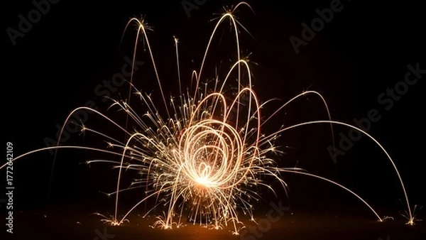 Fototapeta Close-up of glowing sparks emanating from a central point against a stark, black background