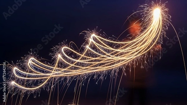 Obraz Bright sparks trail across a dark night sky, forming curved light streaks. A person is dimly visible