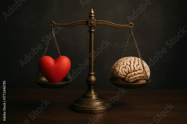 Obraz Balance between emotion and logic shines through heart and brain weighing choices for thoughtful decision