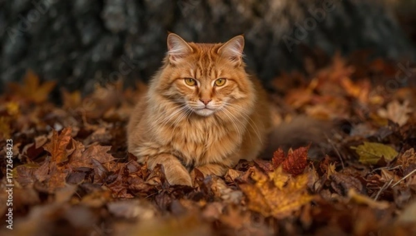 Fototapeta Ginger tabby cat's paws resting on fallen autumn leaves, seasonal change