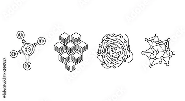 Obraz Four abstract geometric line drawings representing molecular structures and complex patterns vector