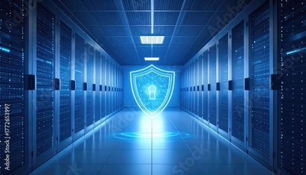 Obraz A futuristic data center with a glowing shield of protection
