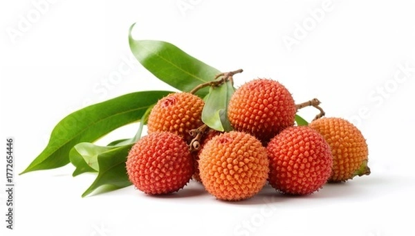 Fototapeta Fresh lychees displayed against a white backdrop, a fiber-dense choice